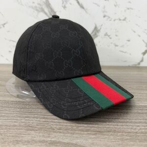 Gucci Black GG Monogram Baseball Cap with Green & Red Stripe